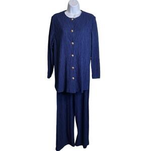 Vintage Ruth Norman Women's Blue Crinkle Two Piece Button Front Tunic Set Size S
